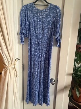 Blue Polka Dot Floral Maxi Dress with Tie Sleeve Detail